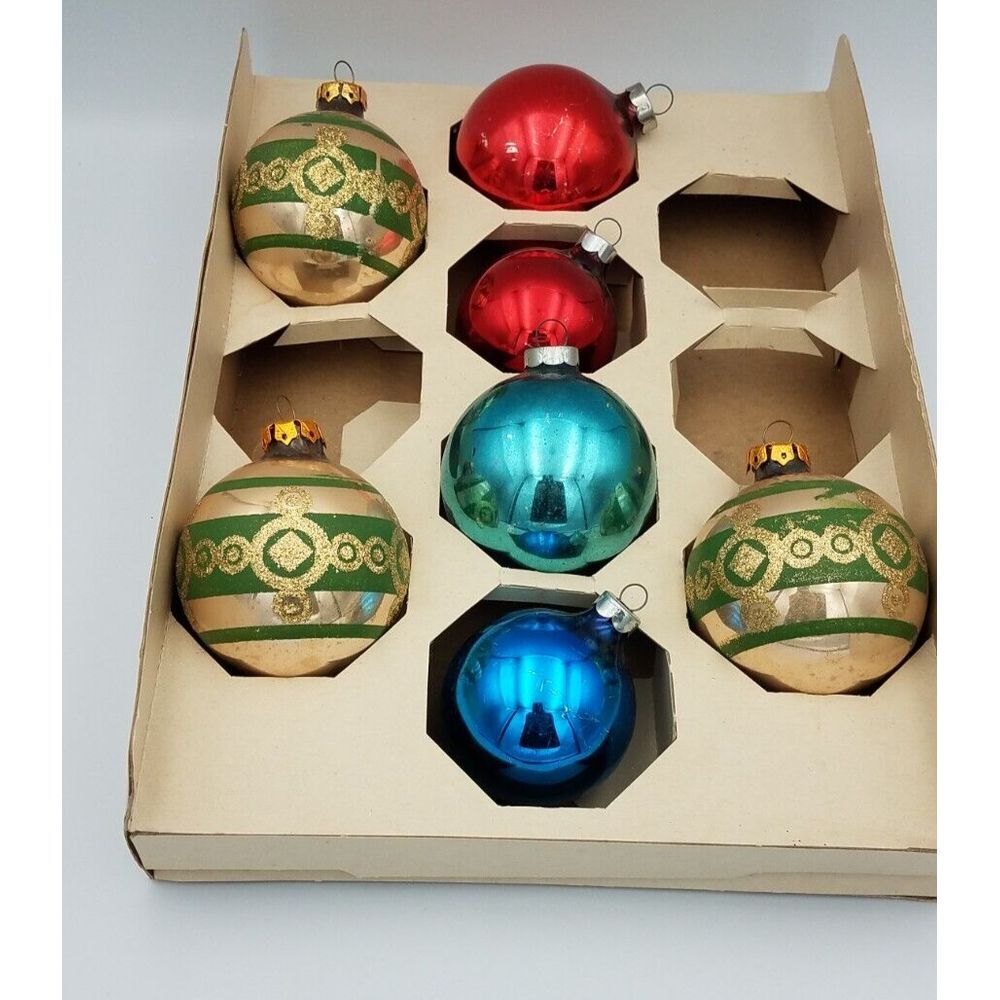 Vintage Mix Match Glass Christmas Ornaments Lot 7 w/Box USA